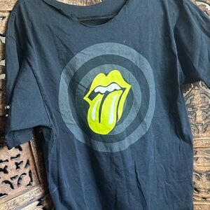 Black Short-Sleeve Tee with Neon Yellow Rolling Stone Tongue Graphic